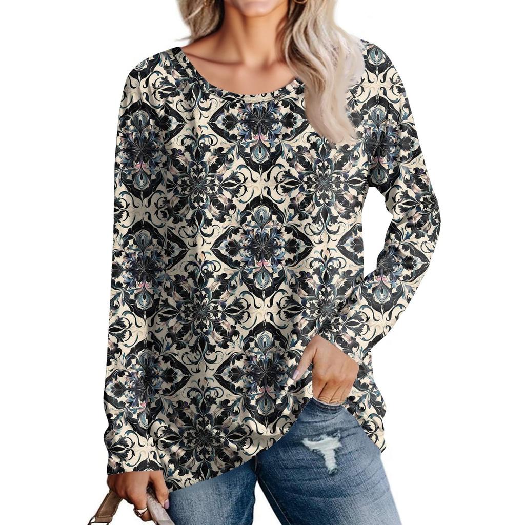 Dames Mode Casual Lange Mouw Print Ronde Hals Pullover Top Blouse