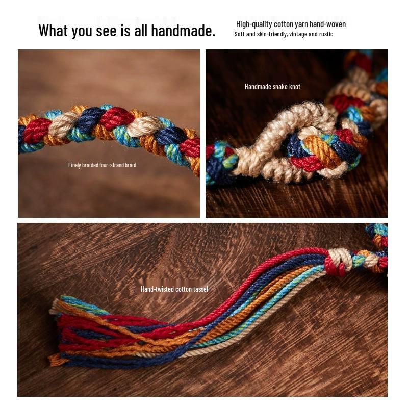 Tibetan Five-Color Handwoven Adjustable Cord Bracelet with Tassel