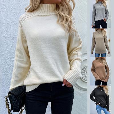 Women Casual Solid Color Pullover High Neck Long Sleeve Sweater Top
