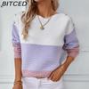 BITCED Colour-Block Off-the-Shoulder Button-Front Pullover Women's Sweater Autumn/Winter Casual Oversized Knitwear
