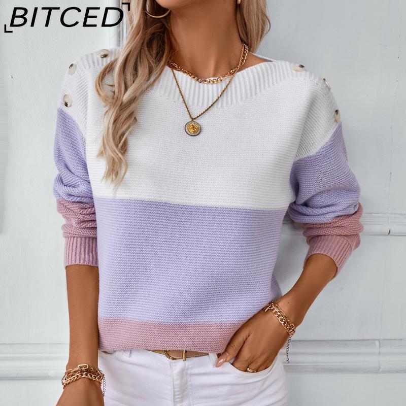 BITCED Colour-Block Off-the-Shoulder Button-Front Pullover Women's Sweater Autumn/Winter Casual Oversized Knitwear