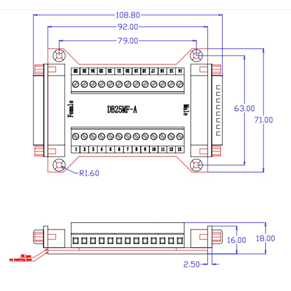 DB25MFA Terminal Block Adapter Solderless Male Female Connector Board for Electronics with to Terminal Correspondence