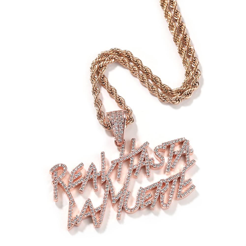 

THE BLING KING Real Hasta La Muerte Rapper Anul Fashion Pendant Necklace Iced Out Cubic Zirconia 2Rows Letters Hiphop Jewelry Cuban chain&30inch рожевий колір золота