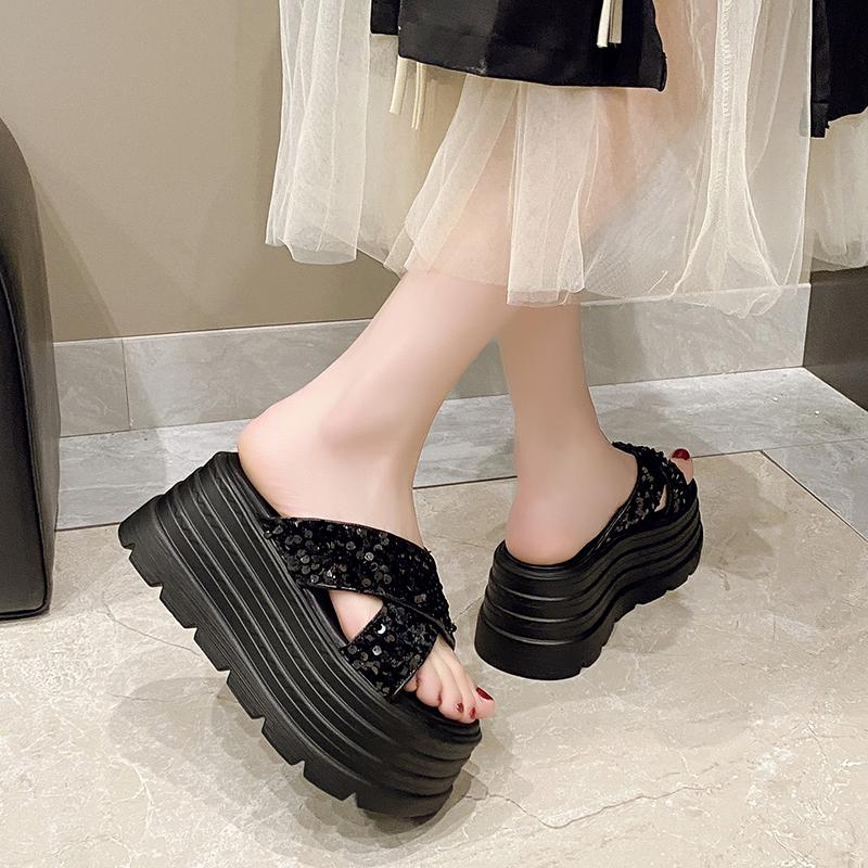 Aphixta Platform Sequined Cloth Sandals Slippers 8cm High Heels Women Slides Summer Beach Shoes For Woman