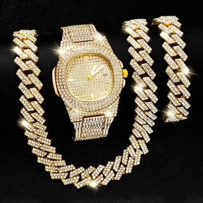 Wykwintny naszyjnik + zegarek + bransoletka Hip Hop raper Kubański łańcuszek Złoty kolor Iced Out betonowy Rhinestone Mężczyźni Afrykański zestaw biżuterii Nowy