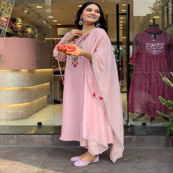 Women s Peach Chanderi Silk A-Line Kurta and Pants Co-ord Set S