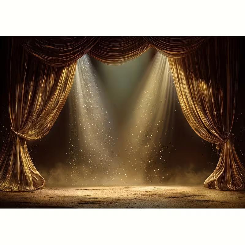 2D Golden Stage Curtain Photography Backdrop, Theatre Curtain with Spotlight & Glitter Background Cloth