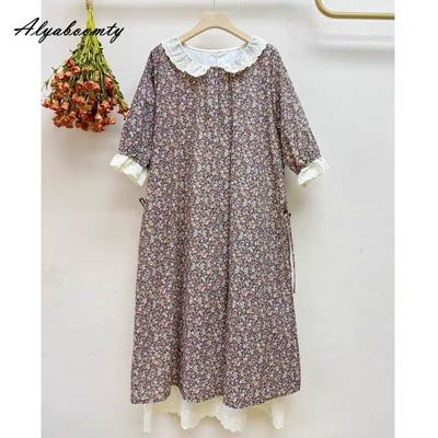 Vestido suelto japonés Mori Girl de verano para mujer, vestido holgado con cuello Peter Pan y retazos florales, vestido calado de algodón y lino, vestido a media pierna Vintage