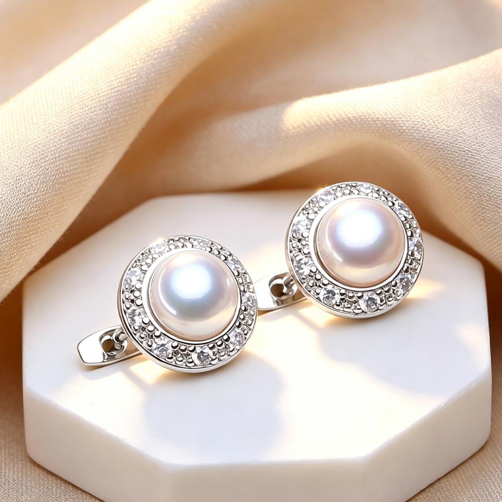 LSOOYH Orecchini con Perle d'Acqua Dolce 7-8mm Colore Argento Moda Zirconia Cubica Orecchini a Clip per Donna Regali di Compleanno