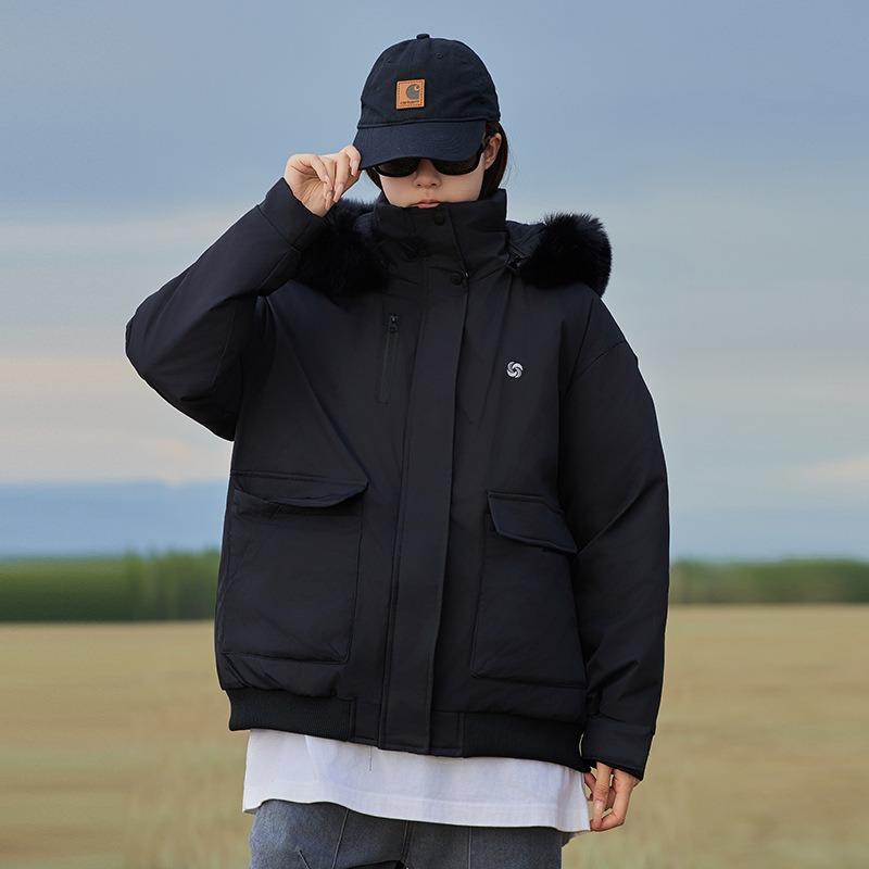 Big fur collar down cotton clothes women's short loose thickened large pocket tooling hooded jacket