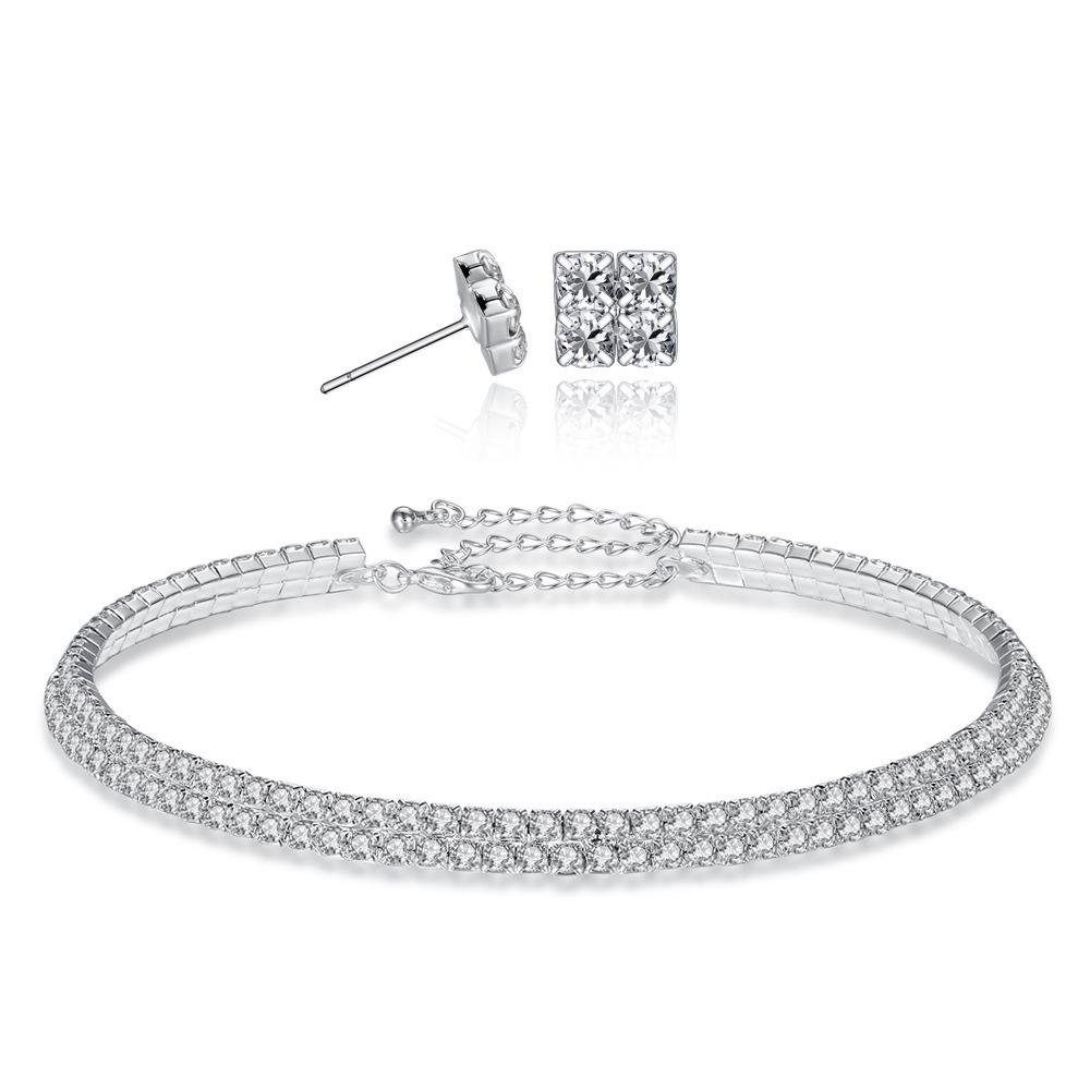 Fashion Flash Diamond Full Diamond Double Row Collar Necklace Stud Earrings Set, Bridal Jewelry Wedding Accessories