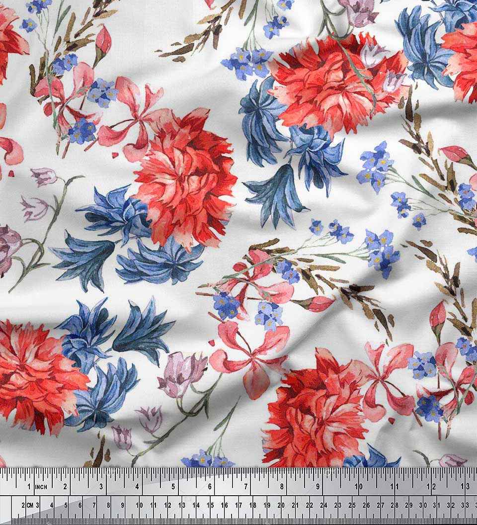

Тканина Soimoi Japan Crepe Satin Тканина з гвоздикою та квітковим принтом Myosotis на метри 42 дюйма 42 Inch Wide - Poly Crepe білий