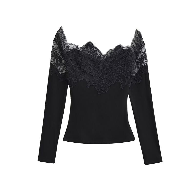 Sweet & Spicy One-Shoulder Lace Long-Sleeve Slim Velvet T-Shirt