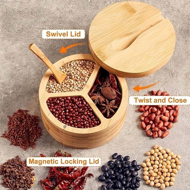 Bamboo Seasoning Box With Spoon Rotating Cover Spice Box Seasoning Container Sugar Salt Pepper Jar Condiments Picnicking Gadget