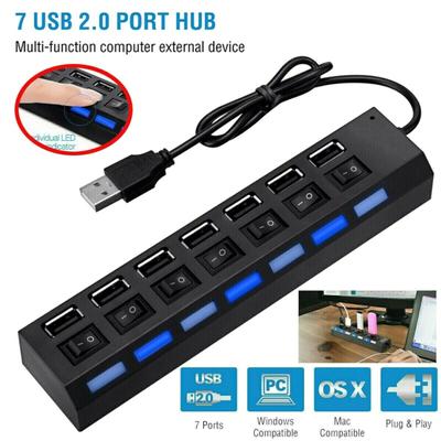 Kompaktný USB 2.0 rozbočovač adaptér so 7 portami Univerzálny Široko kompatibilný LED Vysokorýchlostný Napájanie ZAP/VYP USB Rozbočovač Dok