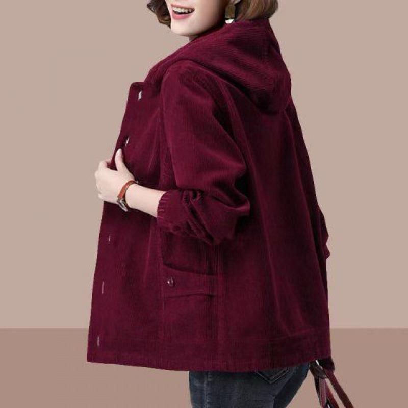 Plus Size Women's Corduroy Hooded Jacket, Spring/Autumn/Winter, Trendy Mother's Wear