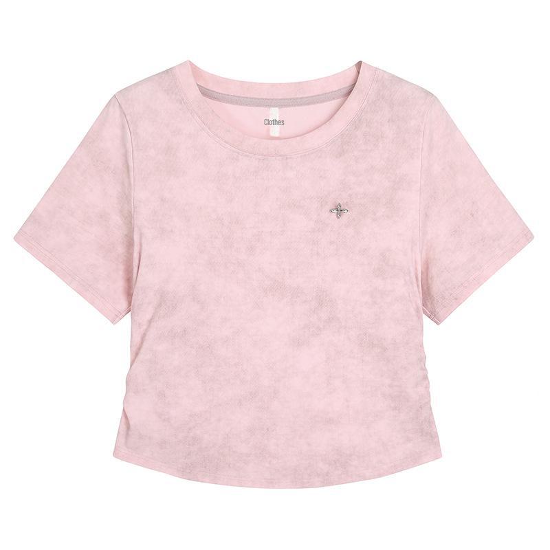 

Women s Summer Round Neck Waist-Pleated Short-Sleeved T-Shirt 63292 5XL (for 100-110 kg) розовый