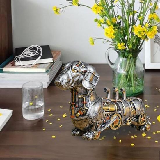 Dachshund Statue and Carved Sculpture Mechanical Punk Style Dachshund Statue Animal Statue Steampunk Modern Home Decor Resin Statue for Coffee Table,