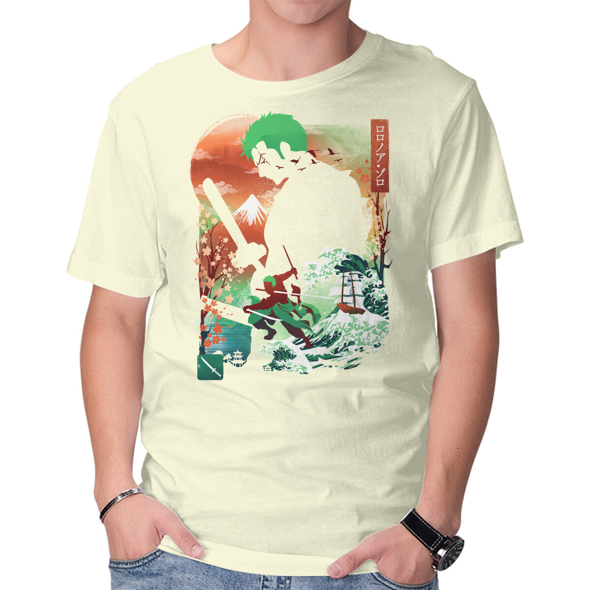 Unisex Crew Neck T-Shirt Ukiyo Master Swordman Graphic Short Sleeve Casual Tee L