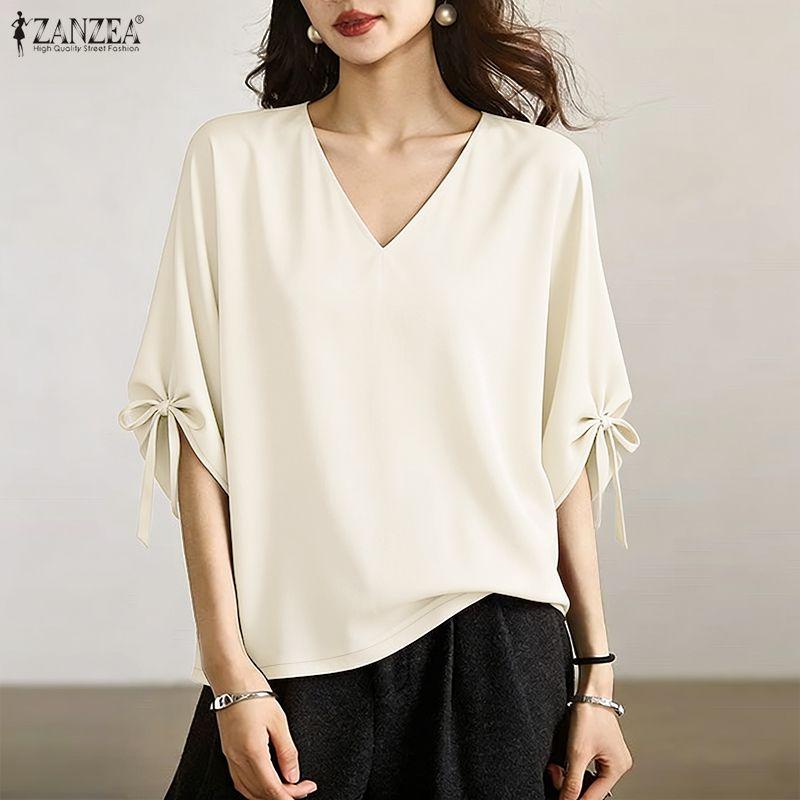 ZANZEA Women Casual V-Neck Loose Drawstring Half Sleeve Blouse 3XL