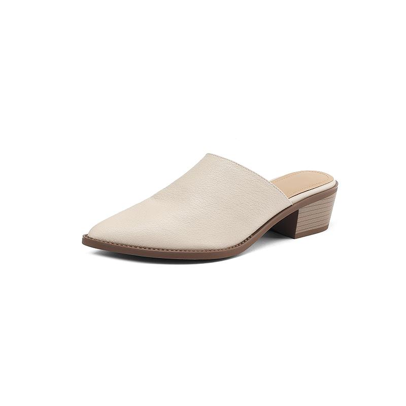 Summer Women Slippers Genuine Leather Shoes for Women Cover Toe Chunky Heel Mules Slingback Women Sandals Elegent Handmade Shoes