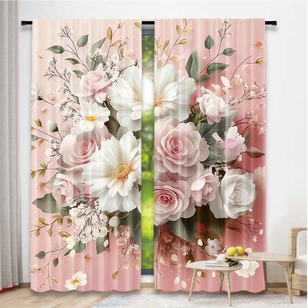 Set Of 2 Floral Curtain Delicate Pink Bouquet Spring Nature Blossoms Romantic Design Suitable Living Room Bedroom Kitchen Polyester Ideal For