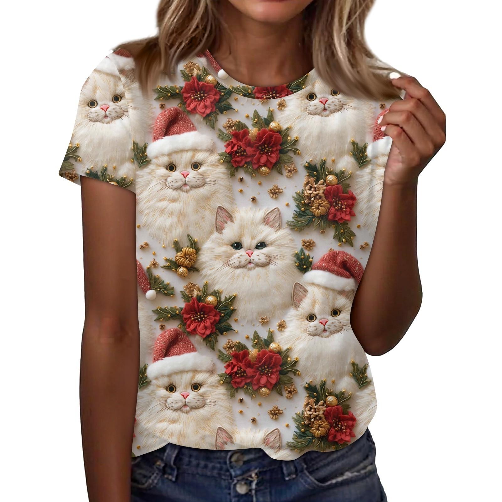 

Женский повседневный рождественский принт с короткими рукавами и круглым вырезом, свободный пуловер, топ L бежевый