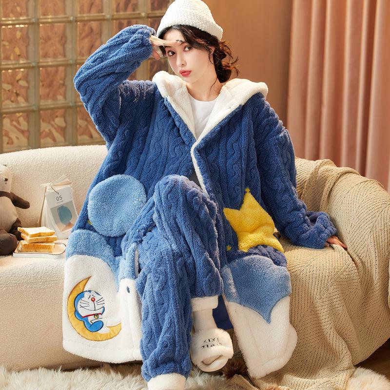 Women's Thickened Flannel Pajama Set - Coral Fleece Long Robe for Autumn/Winter