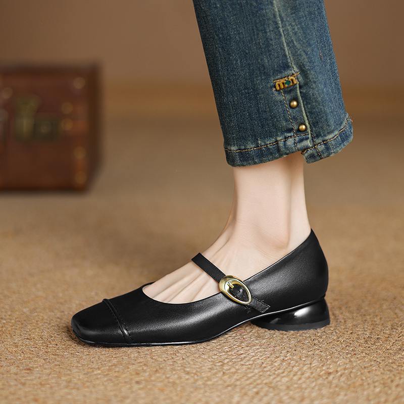 

Krazing Pot Cow Skin Spring Summer Size 41 Thick Low Heels Women Square Toe Metal buckle shallow Pumps 41 чёрный