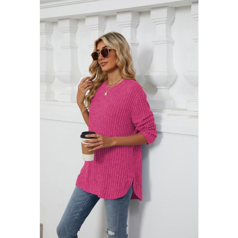 Herbst Damen Bluse Einfarbig Rundhals Gebürstet Locker Langarm Tops