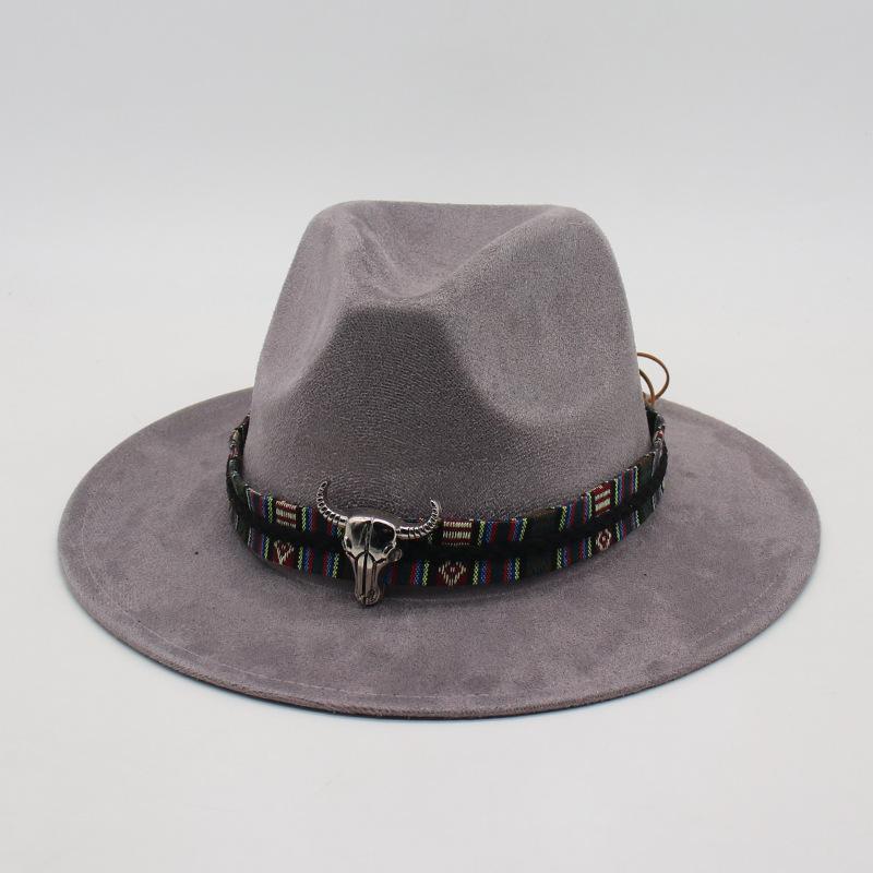 Wind Western Cowboy Hat Horn Woolen Jazz Top Hat Men And Women'S Ethnic Style Felt Hat Big Eaves Hat