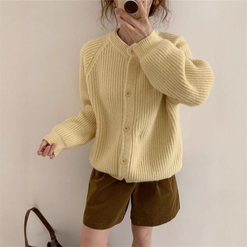 Lazy Wind Thick Needle Crew Neck Sweater Jacket Women's Autumn and Winter New Loose Thickened Soft Waxy Knitted Cardigan Top
