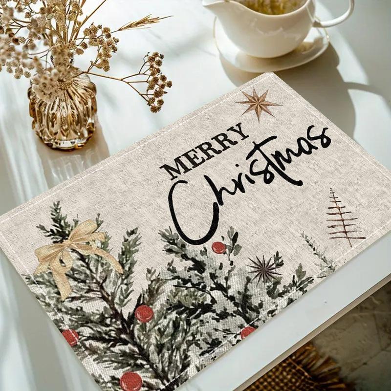 Christmas Linen Placemat Table Coffee Mat Poinsettia Pine Tree Snowflake Cone Merry Christmas Beige Red Green Elegant Decorative