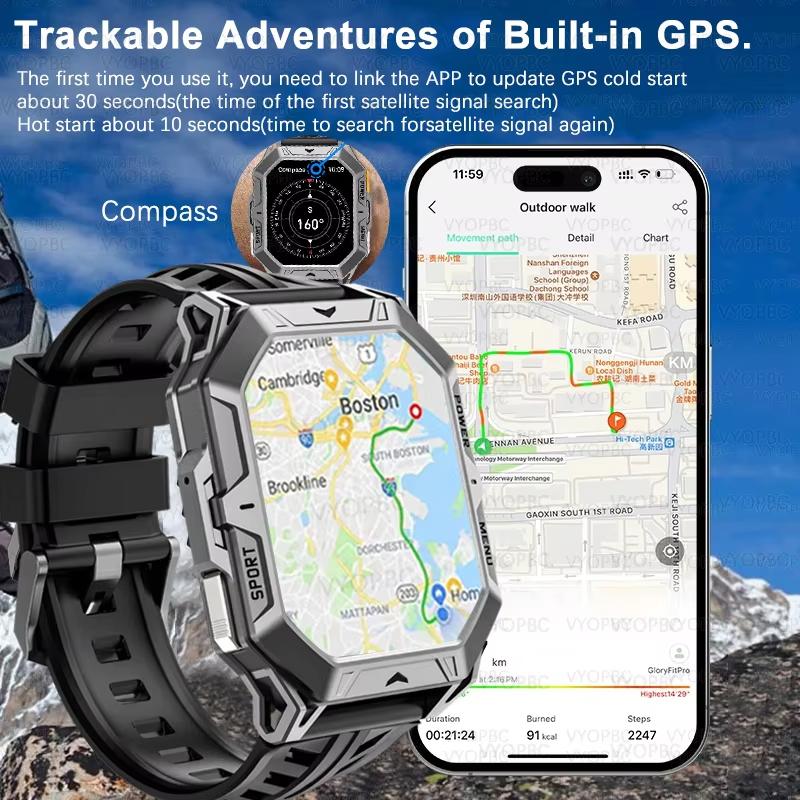 2025 New Men's Sports Smartwatch 1000mAh Ultra Durable GPS Tracker Compass 10ATM Waterproof Compass Bluetooth Call Smart Watch