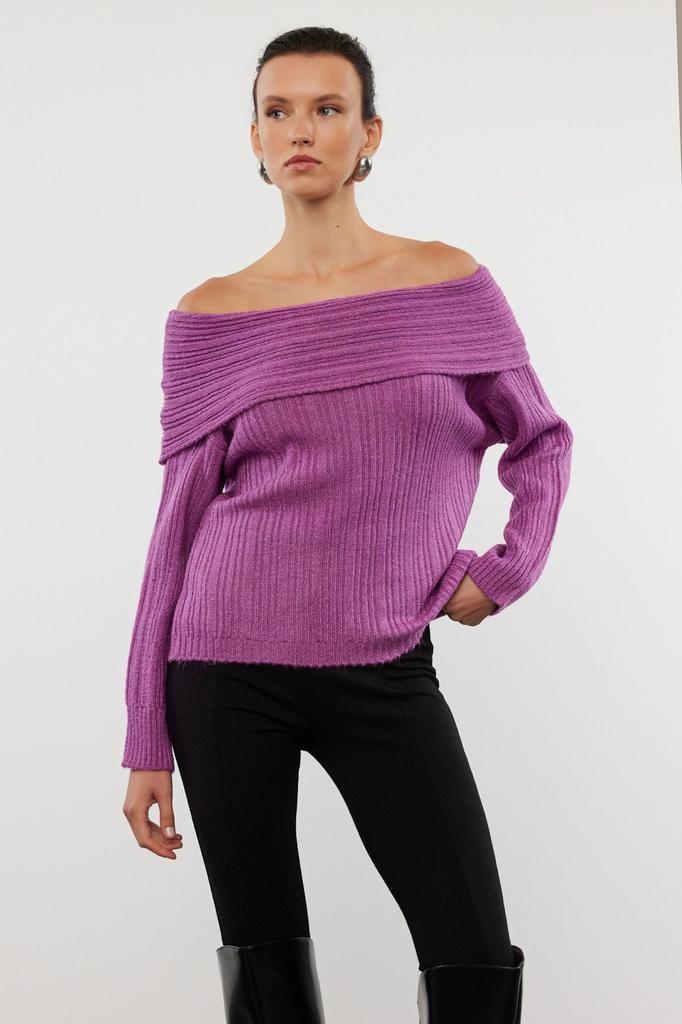 Women's Fashion Stylish Sweater Plum Soft Textured Carmen Collar Knitwear Sweater