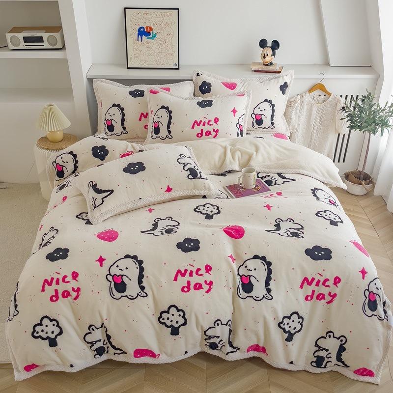 Double-Sided Thickened Milk Fleece Bed Four-Piece Set Of Fleece Lamb Fleece Children'S Quilt Cover Coral Fleece Bed Sheet To Keep Warm