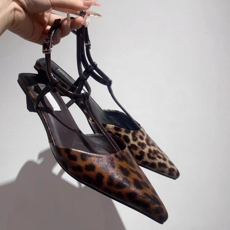 Leopard Print Pointed Toe Office Shoes Designer Shallow Stilettos Ankle Strap Women High Heels Pumps Elegant Low Heels Sandals