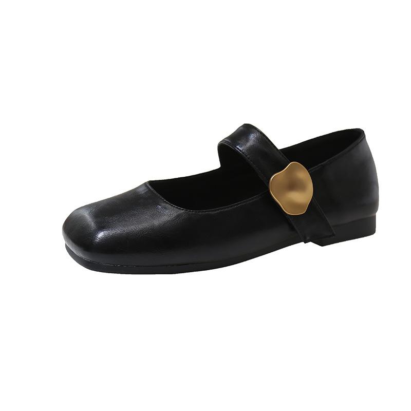 2025 Spring Soft Leather Metal Buckle Small Square Head Retro Flat Heel Single Shoes One-word Buckle Mary Jane Shoes Women's Shoes Flat Shoes