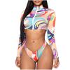 Summer Women's Print Long Sleeve Zip Print Swimwear Beachwear Bikini