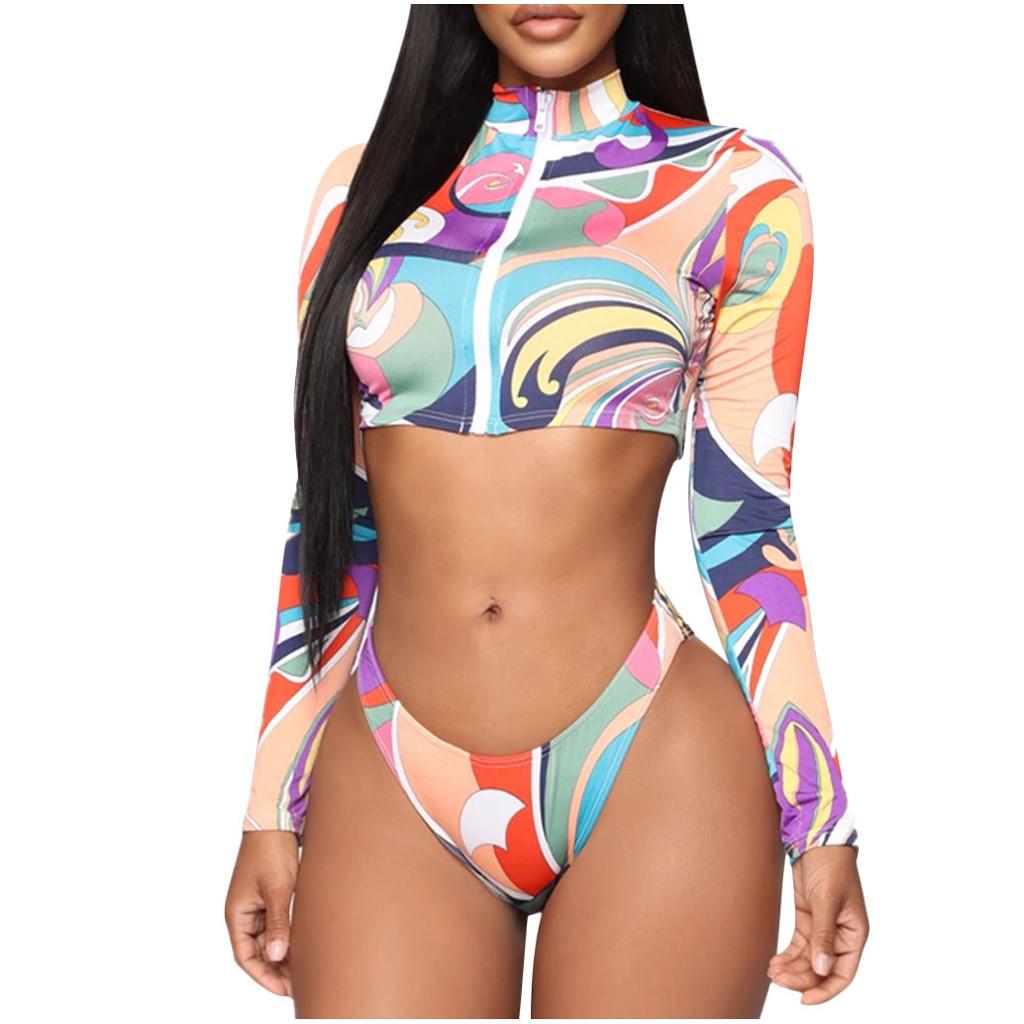 Summer Women's Print Long Sleeve Zip Print Swimwear Beachwear Bikini