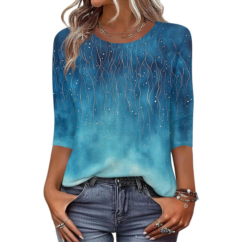 Dámská móda Ležérní tričko s kulatým výstřihem, 3/4 rukávem, volným potištěným tričkem, dámský top