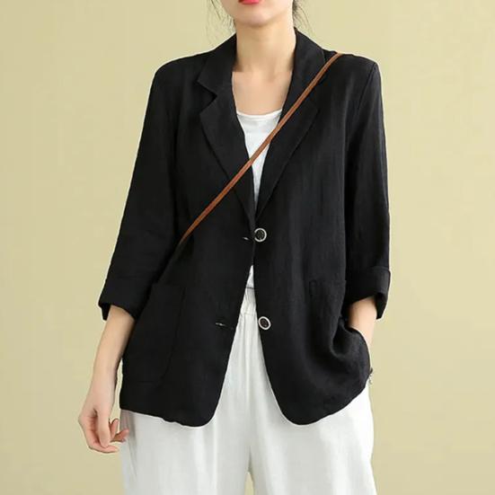 Bomull Linfrakk for Kvinner Vintage Langermet Blazerjakke Casual Revers 2 Knapper Tynn Frakk med Lommer