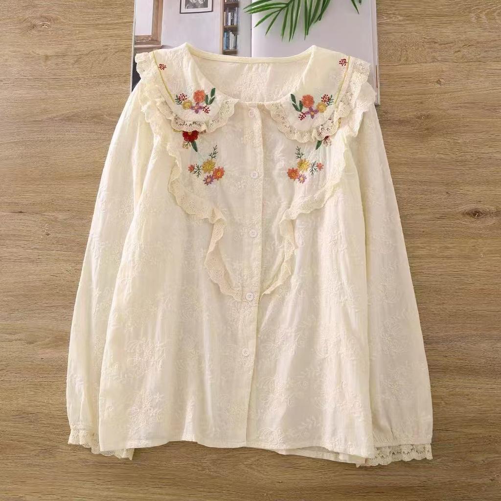 1116 Spring New Female Mori Top Shirt Long Sleeve Literary Embroidery Loose Cotton and Linen