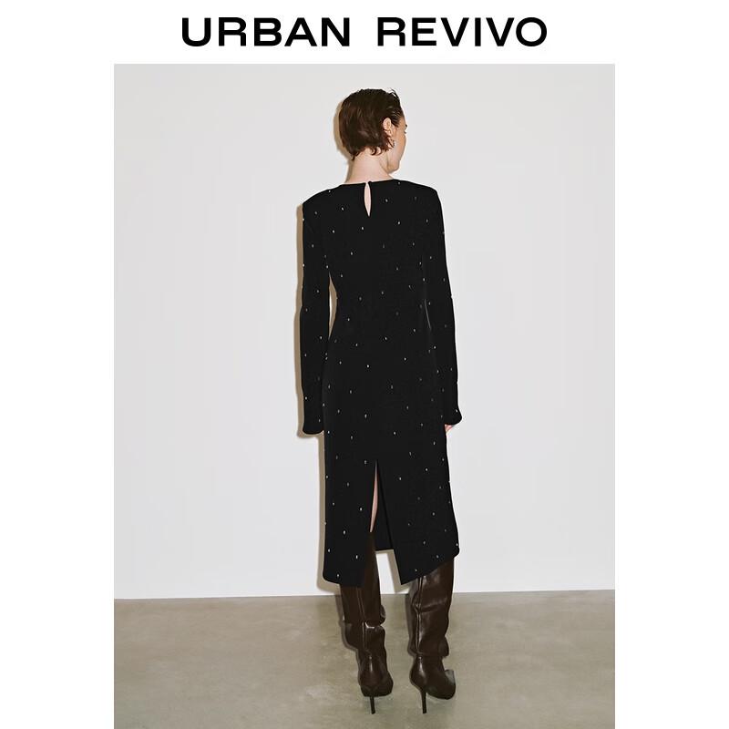 UR 2025 Autumn Elegant Rhinestone Long Sleeve Back Slit Dress