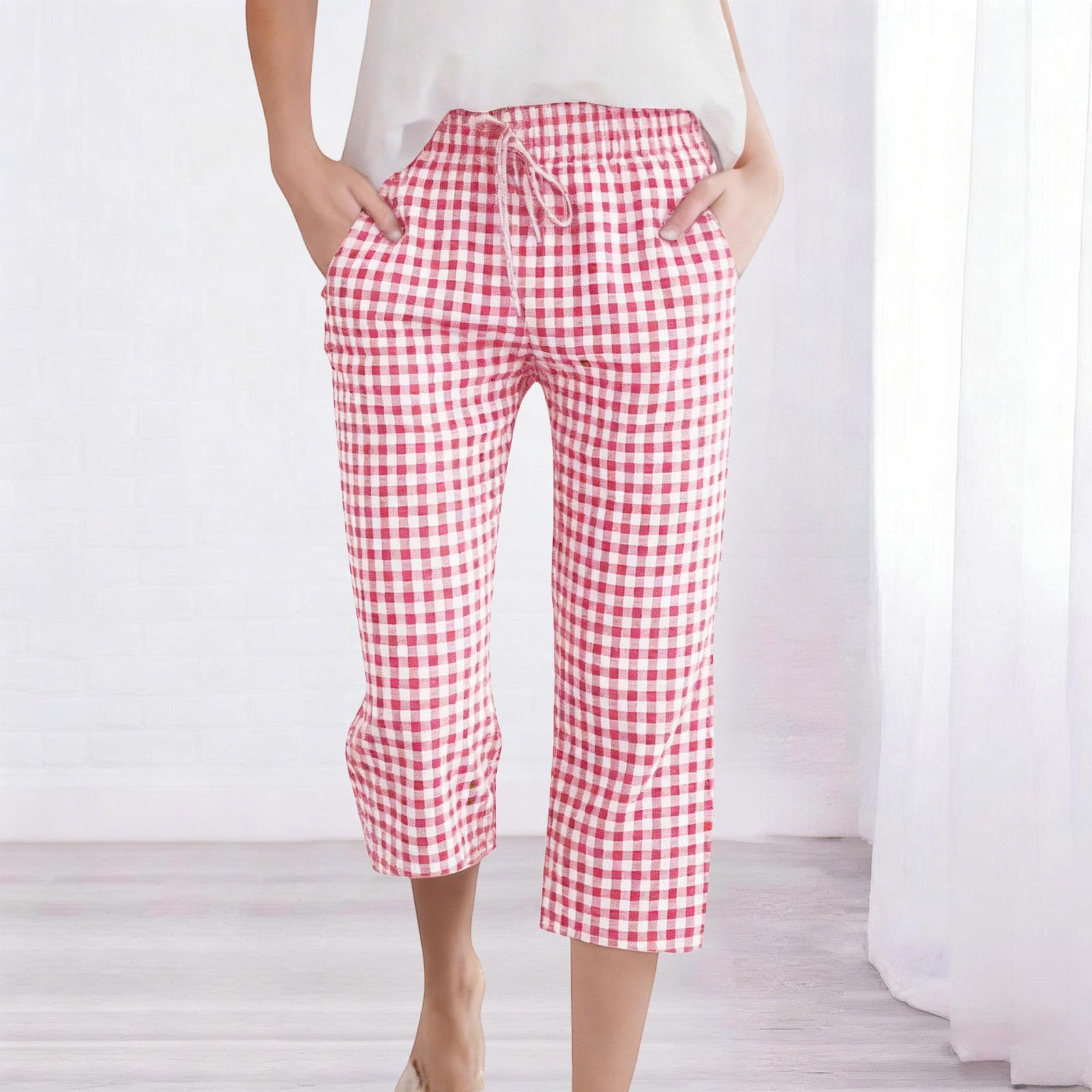 

Women s Fashion Tartan Print Elastic Waistband Pocket Loose Casual Seven-Eighths 7/10 PantS L рожевий