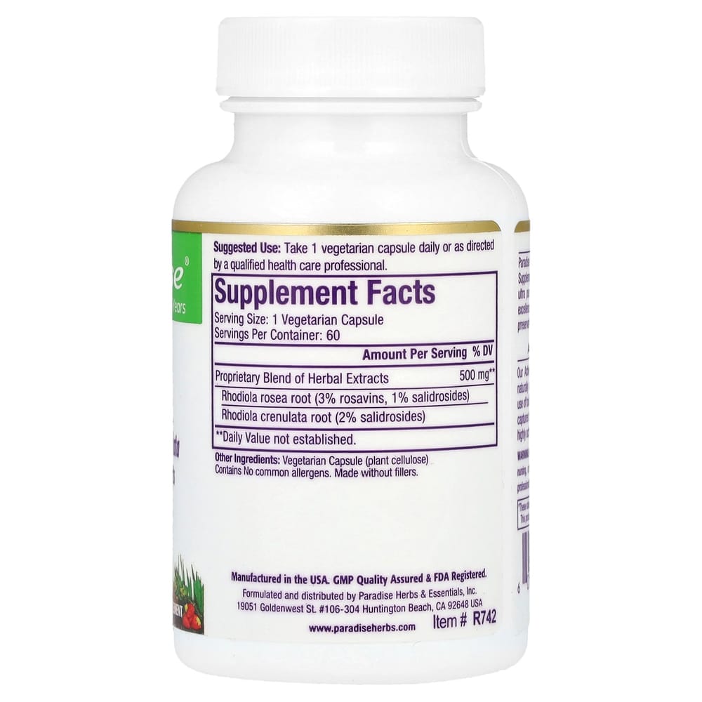 Paradise Herbs Rhodiola Rosea Veggie Capsules, 60 Count