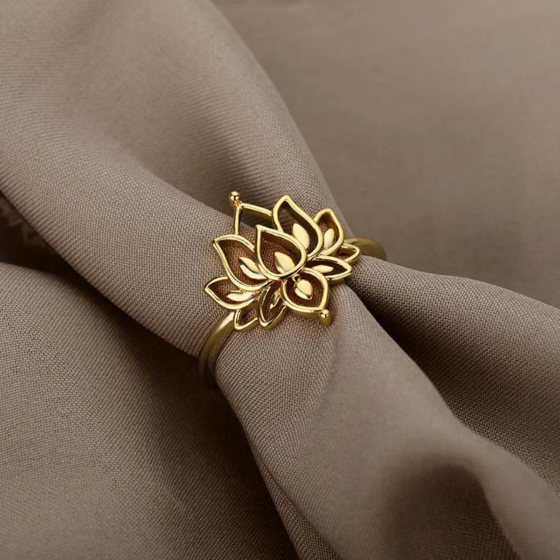 Lotusblumenringe für Damen Edelstahl Goldfarbe Hohlring Mode Hochzeitsfeier Ästhetischer Schmuck Geschenk anillos