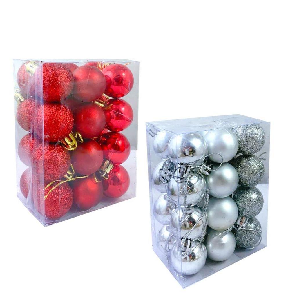 12 Red and 12 Silver Small Christmas X-Mass Tree Decoration Balls Hangings Ornaments Christmas Hanging Tree Balls Holiday New Year