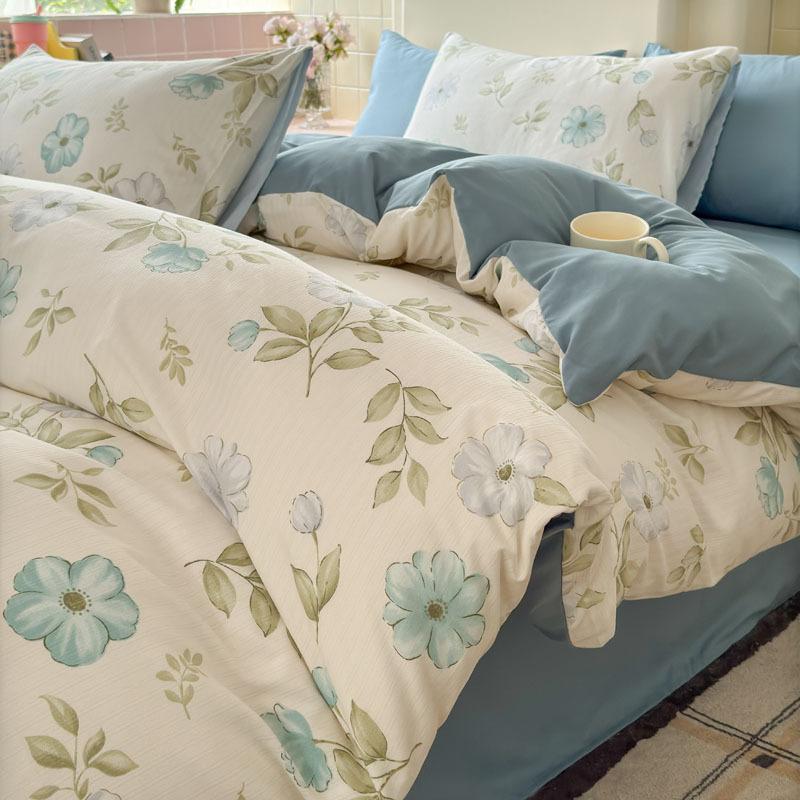A Type Small Fresh Four-piece Set Ins Household Bed Sheet Quilt Cover Washed Cotton Double-layer Yarn Quilt Cover Bedding Three-piece Set