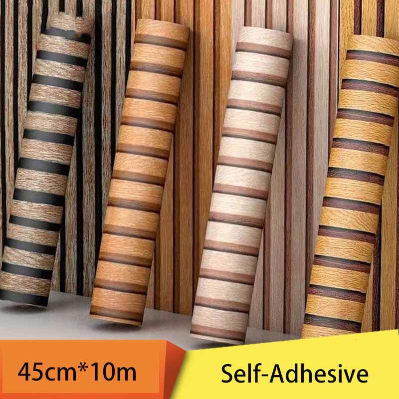 45cm*10m Self-Adhesive PVC Waterproof Peel & Stick 3D Striped Panels Wood Grain Wallpaper Furniture Accent Walls & Home Renovation Decor